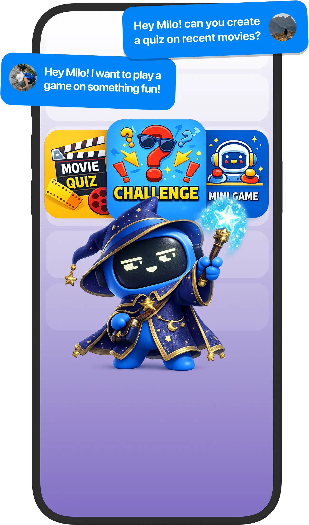 Milo AI acting as game master creating a custom quiz for your squad